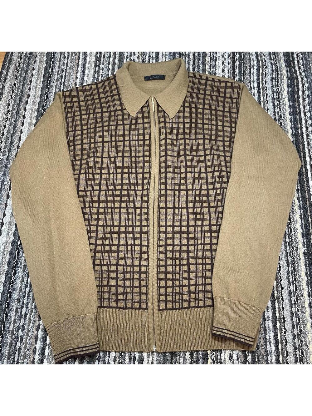 All Saints Plaid Knit Zip Up 100% Wool Collared Cardigan Size M/L
